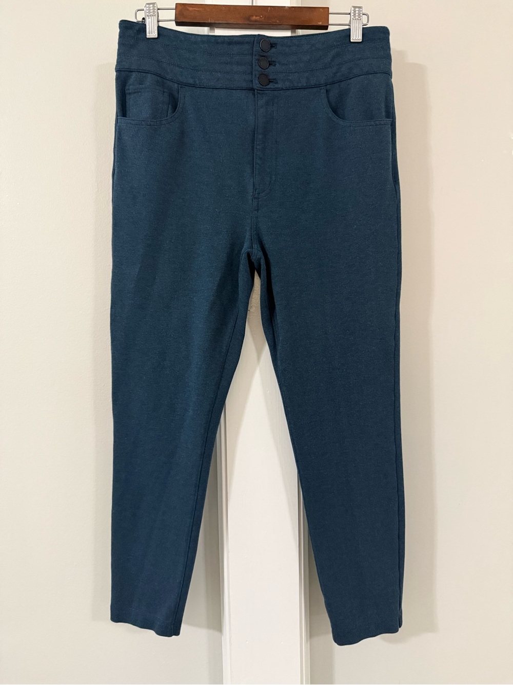 Ann Taylor Dark Teal Button-Front Stretch Knit Pants